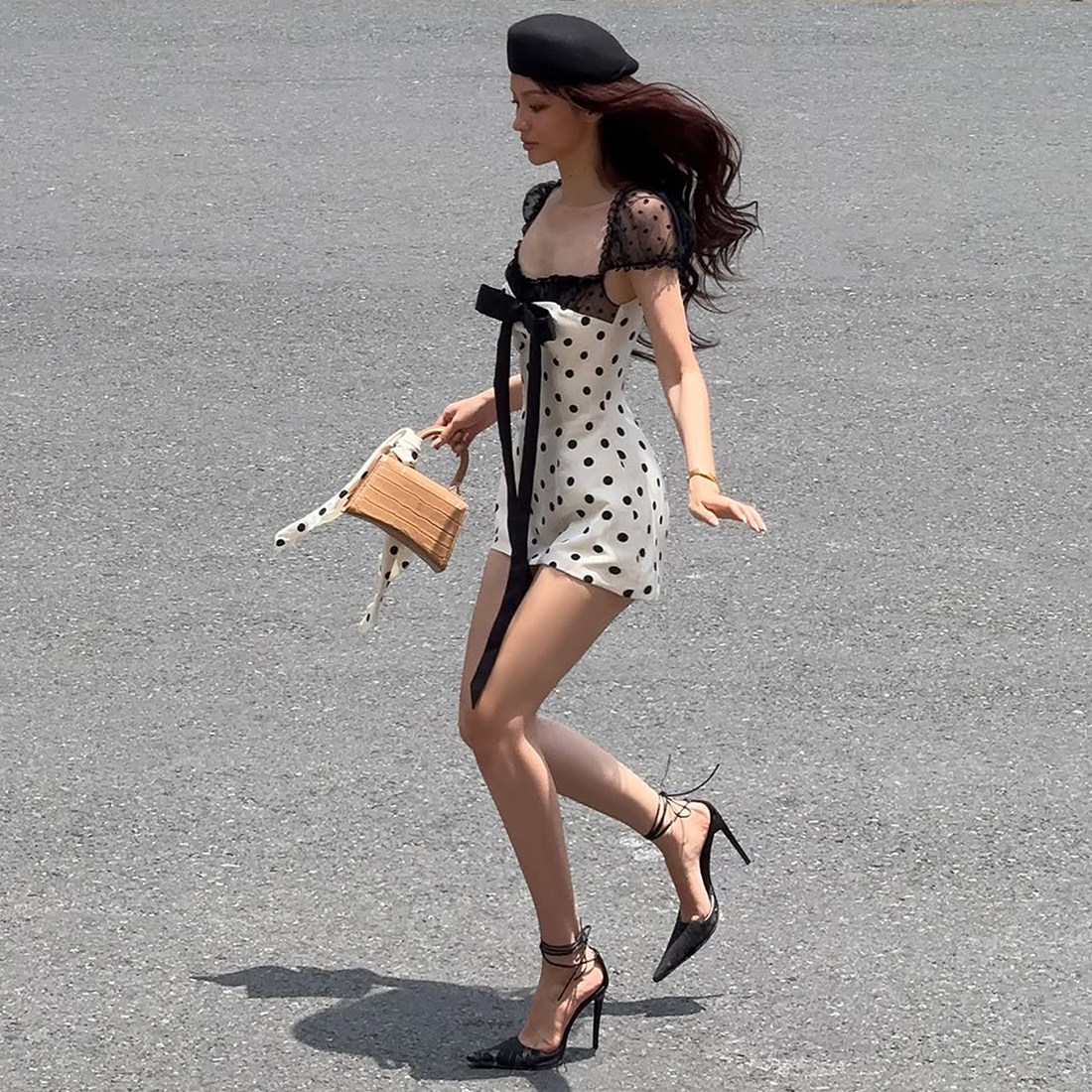 #Sisjuly#法式甜美蕾丝撞色 波点蝴蝶结飘带泡泡袖背心连衣裙女夏