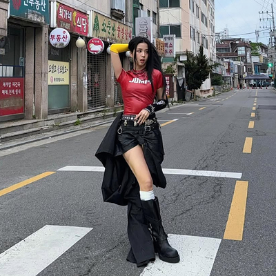 Blackpink同款美式酷辣皮革T恤女