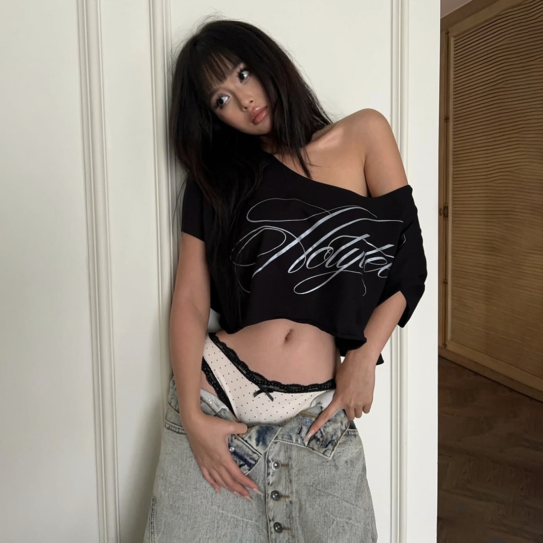 #Sisjuly#美式复古字母印花oversize 酷酷辣妹斜肩超短宽松T恤女