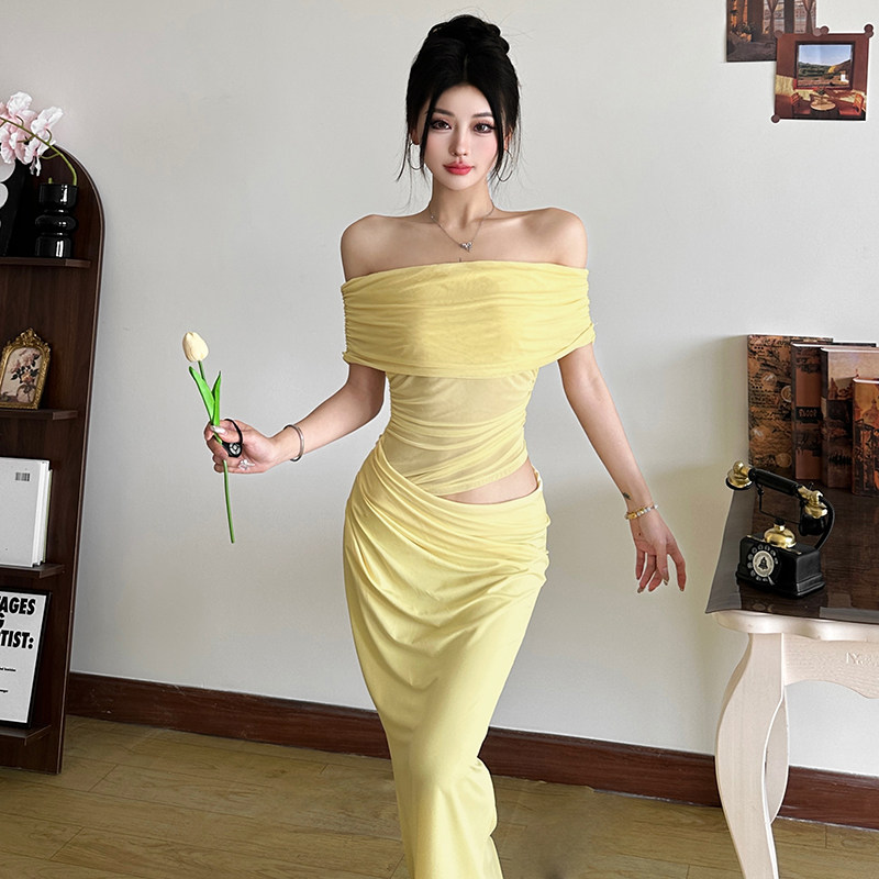 #Sisjuly#清冷优雅法式美人 一字肩透视网纱拼接镂空长裙连衣裙女