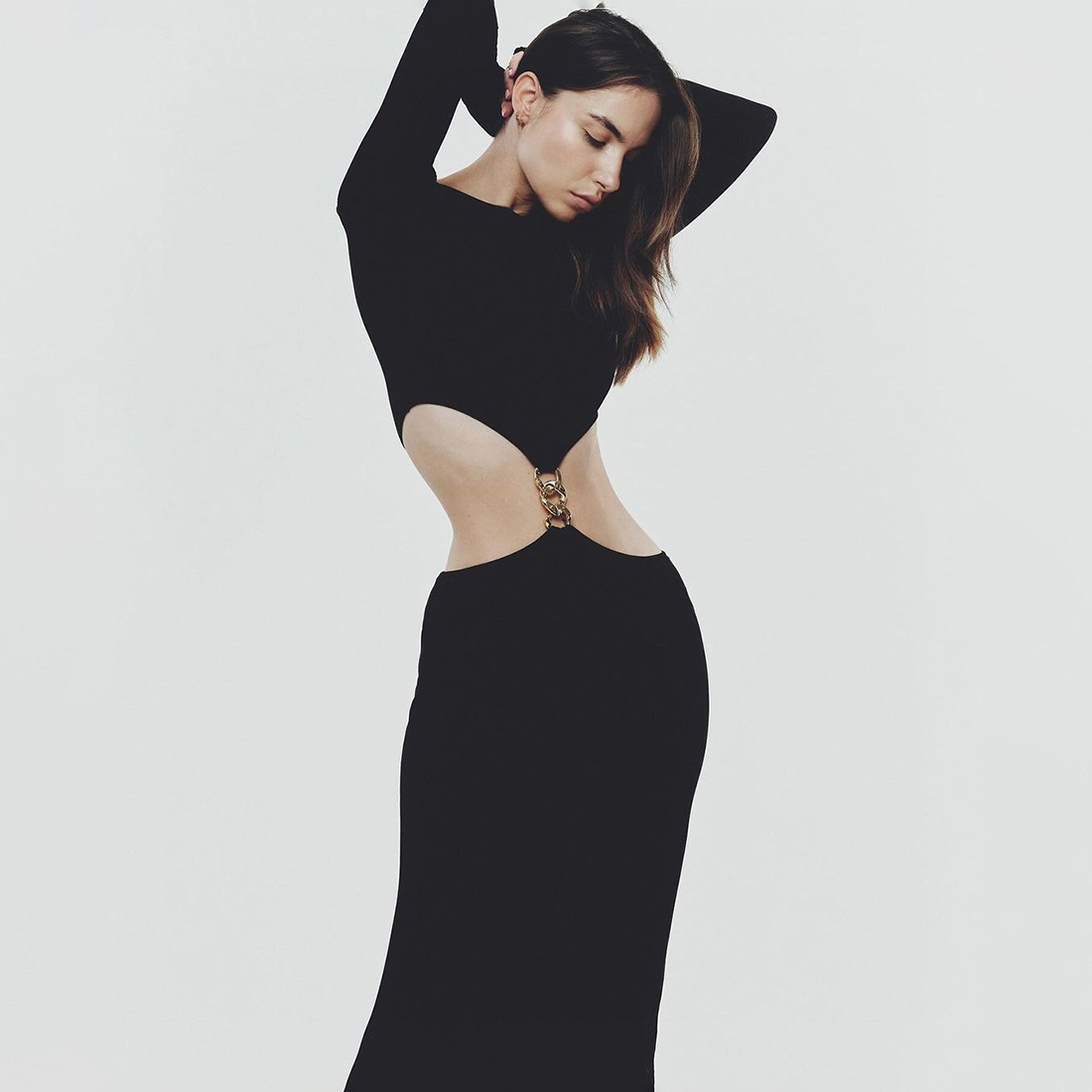 链条设计镂空修身性感长袖连衣裙