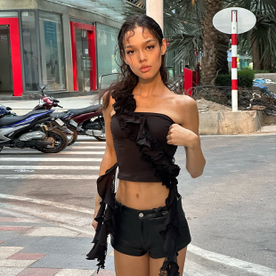 街頭酷颯拽姐立體fafa設計感飄帶荷葉邊不規則背心女潮 Sisjuly
