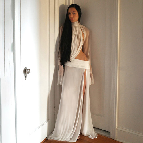 网纱不规则上衣高开叉长裙套装女