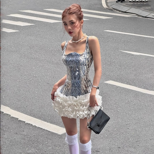 亮片bling褶皱蛋糕花边连衣裙女