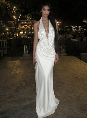 #Sisjuly#浪漫星河落日余晖晚宴风高街暗纹挂脖吊带连衣裙女百搭