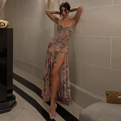 法式温柔优雅锈色晕染网纱连衣裙