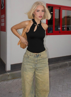 #Sisjuly# 改良新中式一字搭扣小高领镂空挂脖吊带女 修身短背心