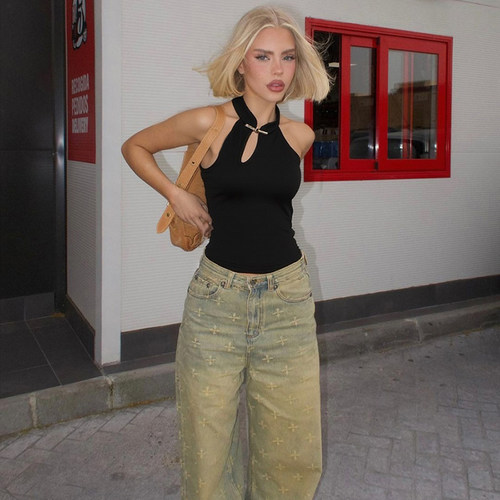 改良一字搭扣小高领镂空挂脖吊带