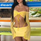 女 短T恤 Sisjuly 绑带包臀裙休闲套装 欧美ins度假风一字肩修身