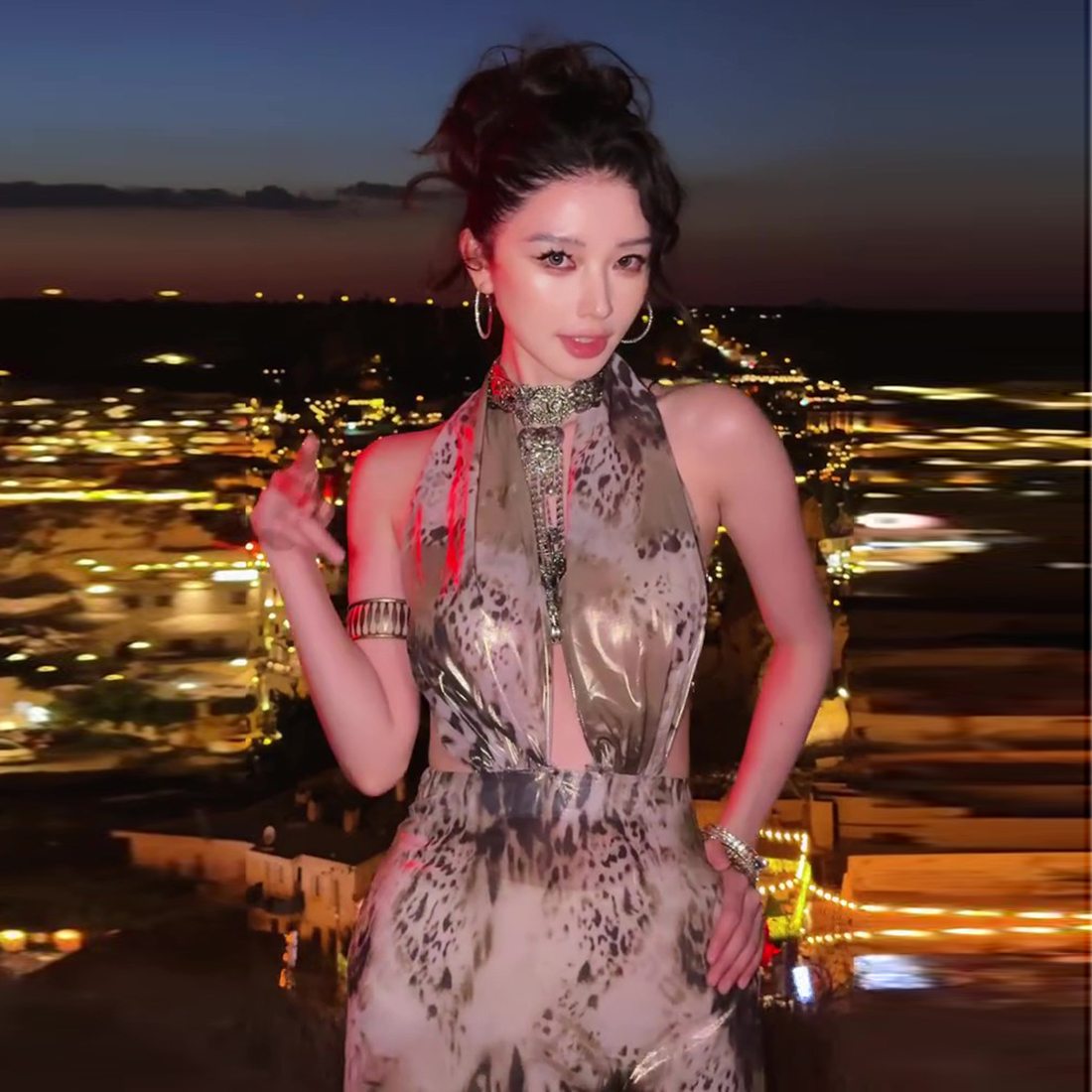 方圆同款豹纹印花sexy开叉连衣裙