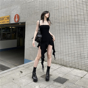 #Sisjuly# 高街甜酷辣妹风不规则流苏垂感显瘦气质抹胸连衣裙女潮