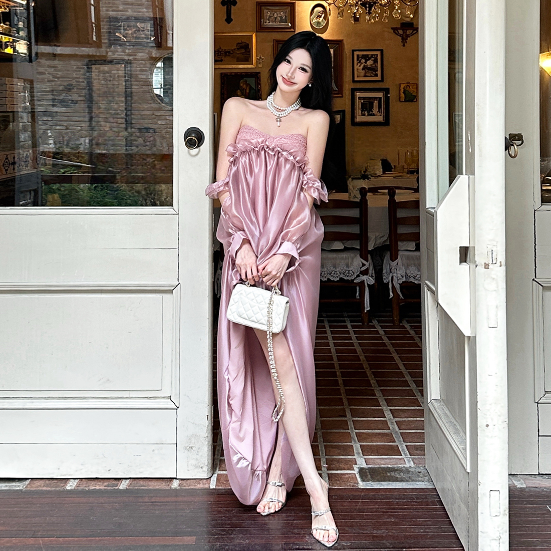 曳地飘摆设计感不规则抹胸连衣裙