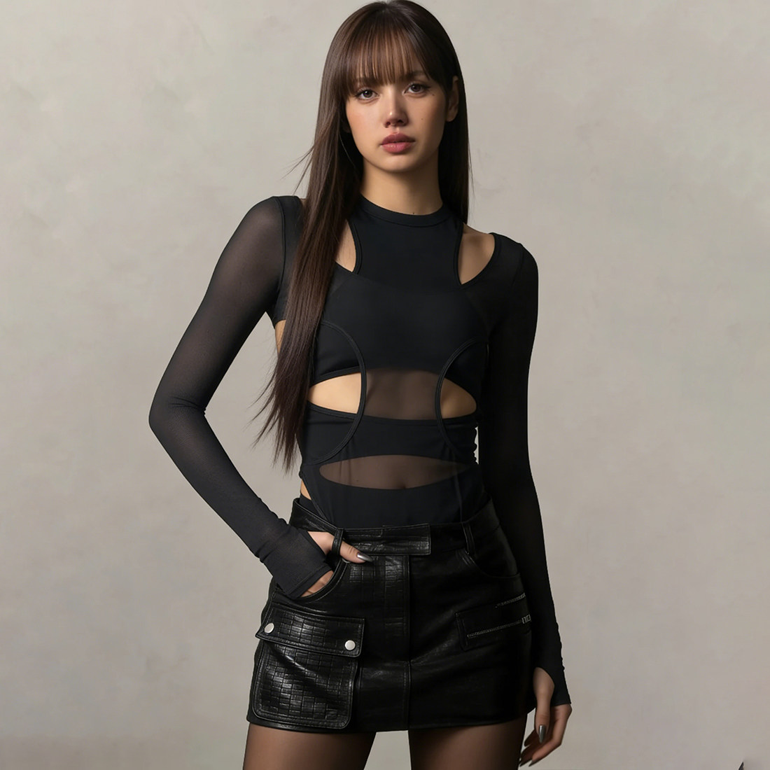 #Sisjuly#Lisa同款网纱拼接透视镂空长袖T恤女夏 性感紧身连体衣