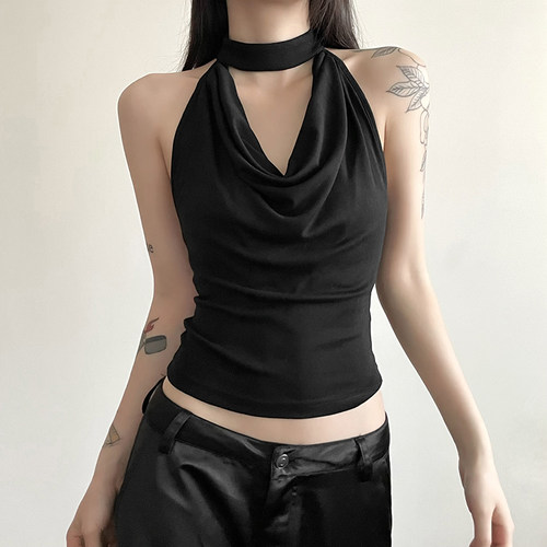 复古感修身荡领挂脖吊带女