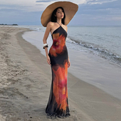 挂脖吊带连衣裙女 轻纱透视感美背修身 Sisjuly 假日海滩水墨花开