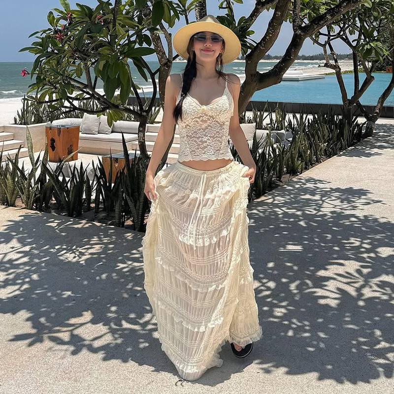 #Sisjuly#甜美纯情白茶提花蕾丝微透吊带背心 荷叶花边长裙套装女