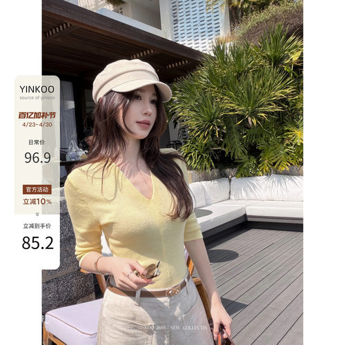 Yinkoo亚麻V领显瘦针织上衣