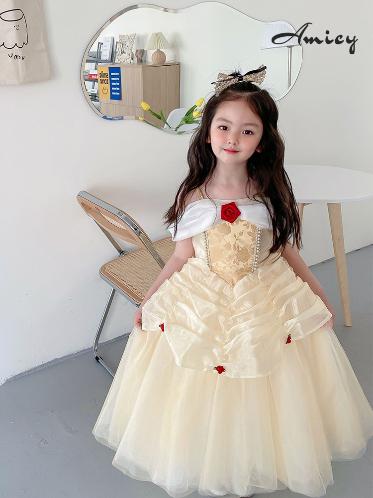 amicy|贝儿公主裙女童一字肩蓬蓬生日礼服圣诞节演出服美女与野兽