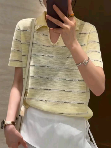 欧洲站2026夏季新款Dong.one休闲宽松钉条纹冰丝针织衫短袖T恤女