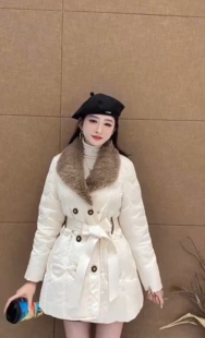 欧货2025冬季新款系带收腰双排扣羽绒服外套甜美气质翻领上衣女