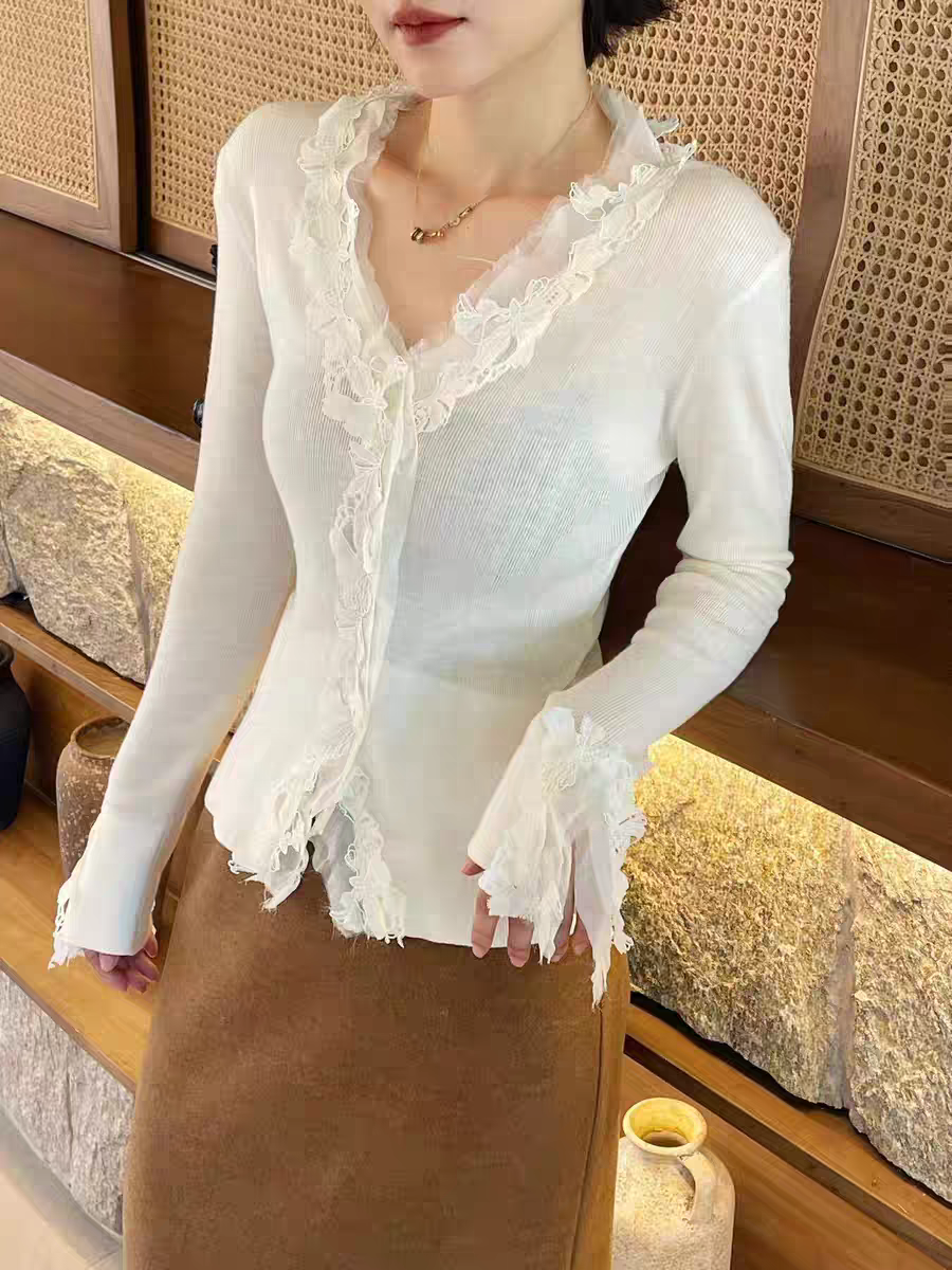欧洲站2025秋冬新款V+.com法式气质蕾丝花边V领针织衫减龄打底衫