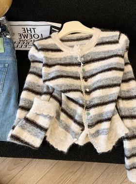 Jade Closet直营店推荐~美德拉甜美风条纹针织开衫毛衣外套女秋冬