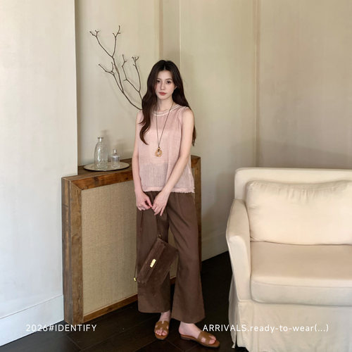 高腰松紧编织口袋亚麻九分裤女