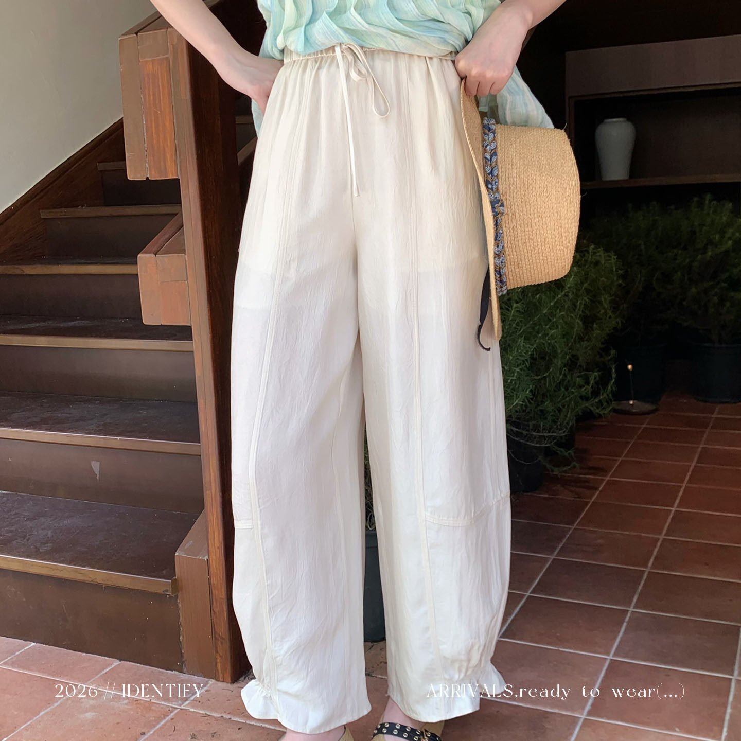 IDENTIFY 高腰绑带松紧醋酸束腿花苞裤女春夏新款设计感休闲裤