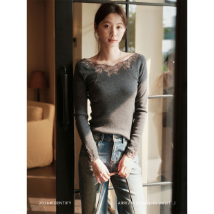 IDENTIFY 气质温柔一字领花朵刺绣软糯针织衫女秋季百搭打底上衣