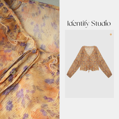 IDENTIFY复古碎花荷叶边人丝衬衫