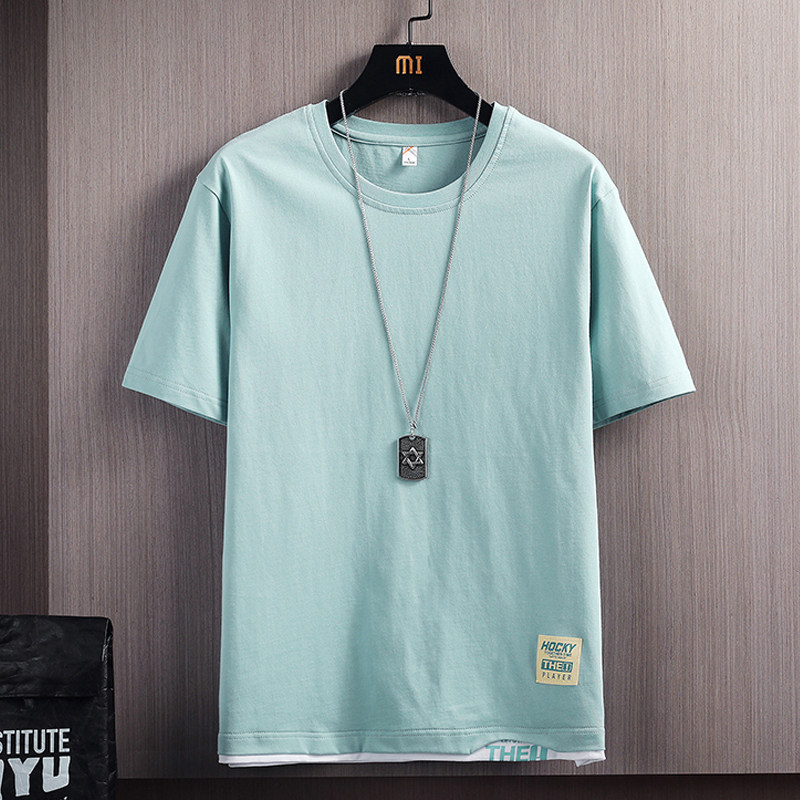 SUMMER SHORT SLEEVE T-SHIRT MENS TRENDY BRAND COTTON 2023 NEW TREND FAKE TWO HALF-SLEEVED MENS BASE SHIRTS