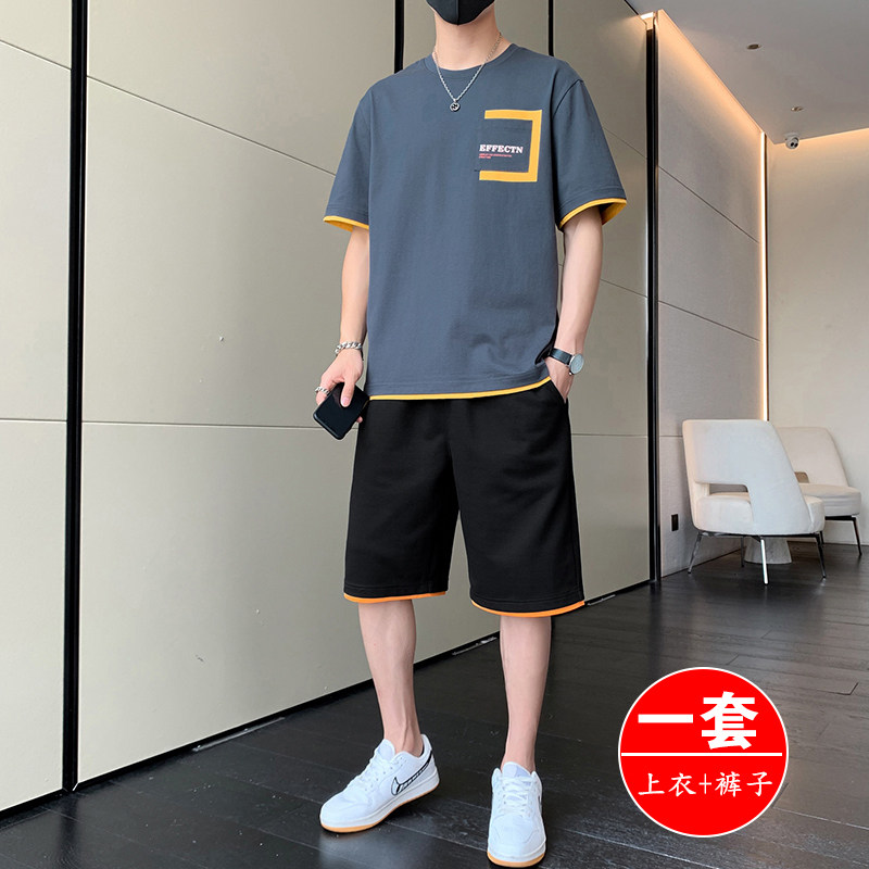 CASUAL SUIT MENS SUMMER COTTON THIN SLEEVE T-SHIRT SET CLOTHES BASKETBALL SPORTS SUIT BOYS