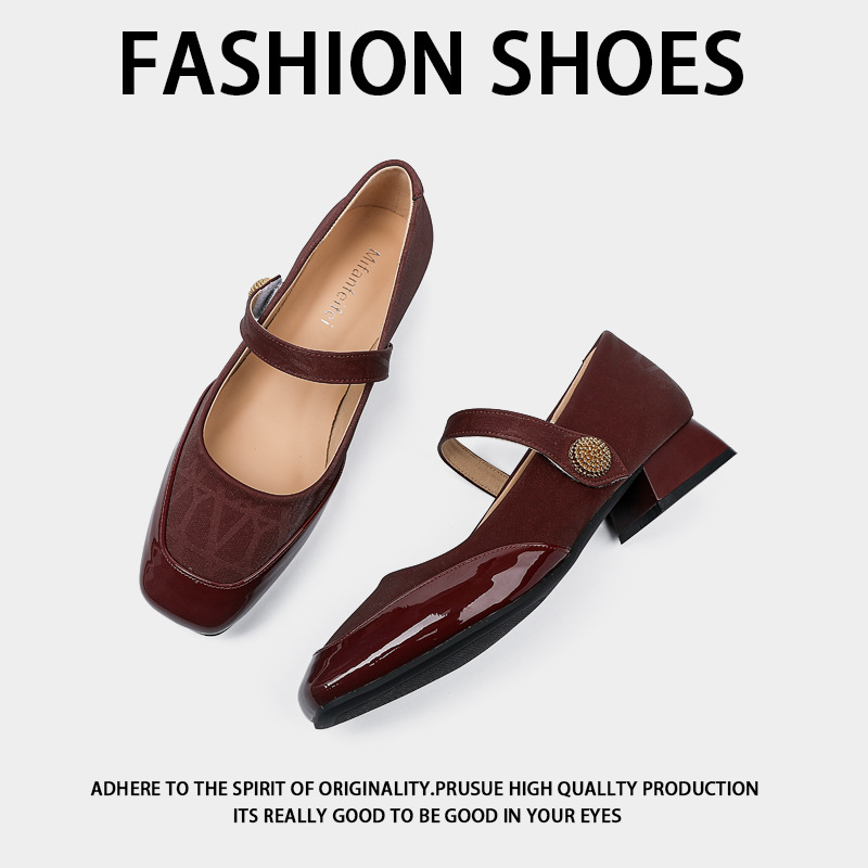 方头低跟单鞋女通勤2023年新款春秋女鞋浅口水钻方扣不累脚粗跟鞋