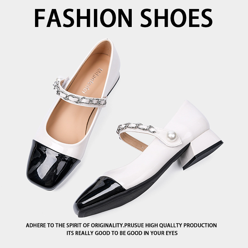 方头低跟单鞋女通勤2023年新款春秋女鞋浅口水钻方扣不累脚粗跟鞋