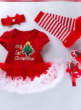 圣诞节宝宝服装夏季新生婴儿新年短袖连体哈衣裙Chrisstma派对服