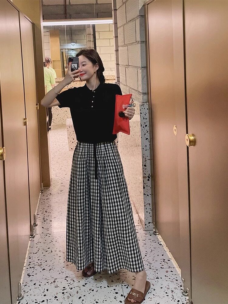 FOREIGN TRADE CLEARANCE LEAKAGE OF THE ORIGINAL BLACK AND WHITE PLAID WIDE-LEG CULOTTES WOMENS SUMMER ELASTIC WAIST LOOSE AND VERSATILE CASUAL PANTS