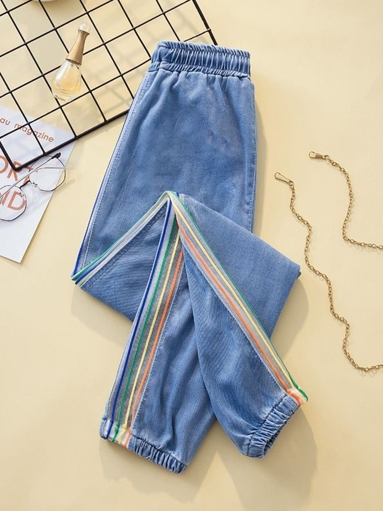 LEAK DISCOUNT LIGHT TENCEL JEANS WOMENS CONTRAST SIDE STRIPES RAINBOW STRIPE HAREM PANTS LOOSE LEGGINGS CROPPED PANTS