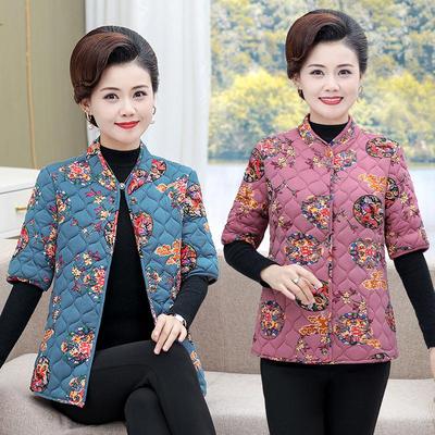 妈妈秋冬中袖加绒女装背心中老年加厚保暖半袖马甲坎肩棉衣外套