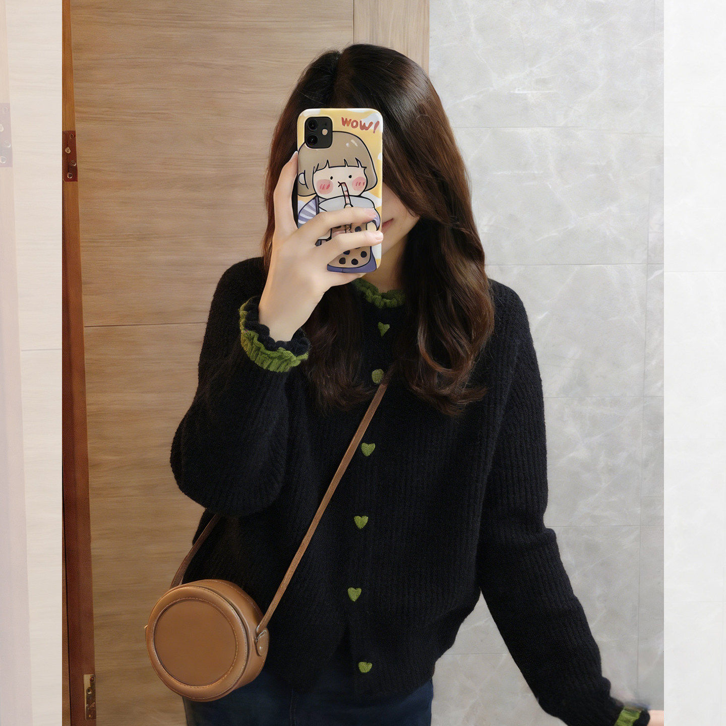 黑绿撞色木耳边假两件针织开衫2026春季韩系巨好看百搭别致上衣女