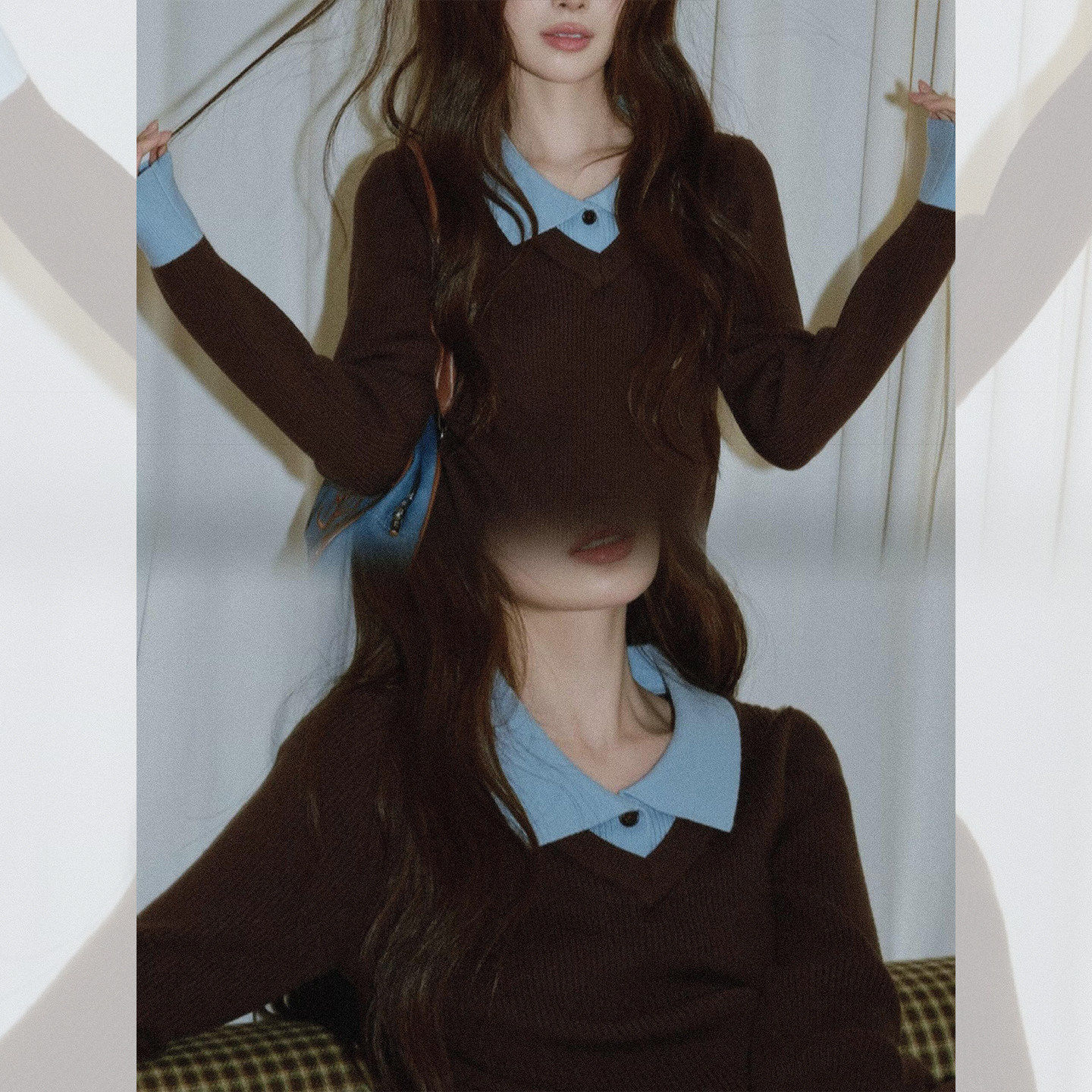 蓝棕撞色假两件翻领软糯宽松针织衫女2026早春季美拉德巨好看上衣