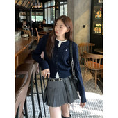 毛衣韩系学院风修身 Halo 外套女秋季 藏青色麻花针织开衫 上衣 Luu