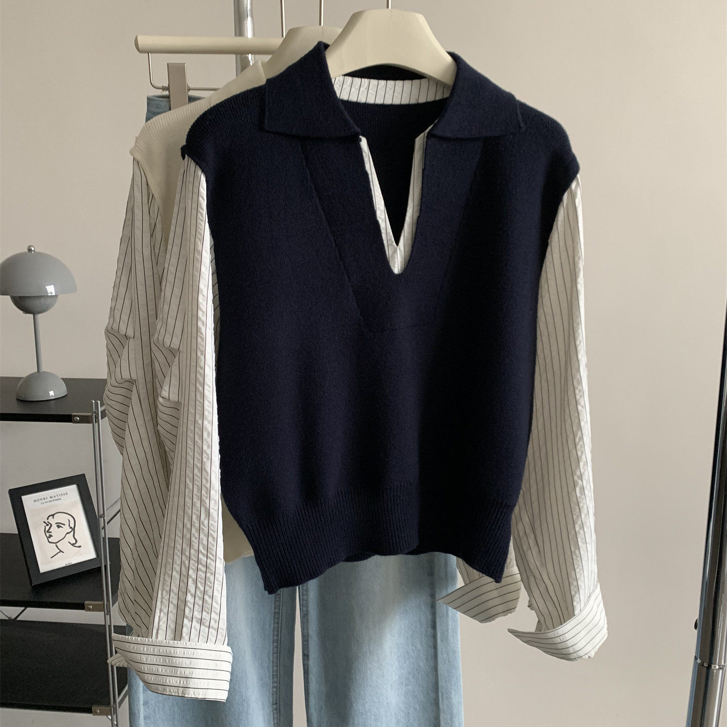 气质通勤假两件V领衬衫背心女2026春秋洋气翻领针织马甲长袖上衣