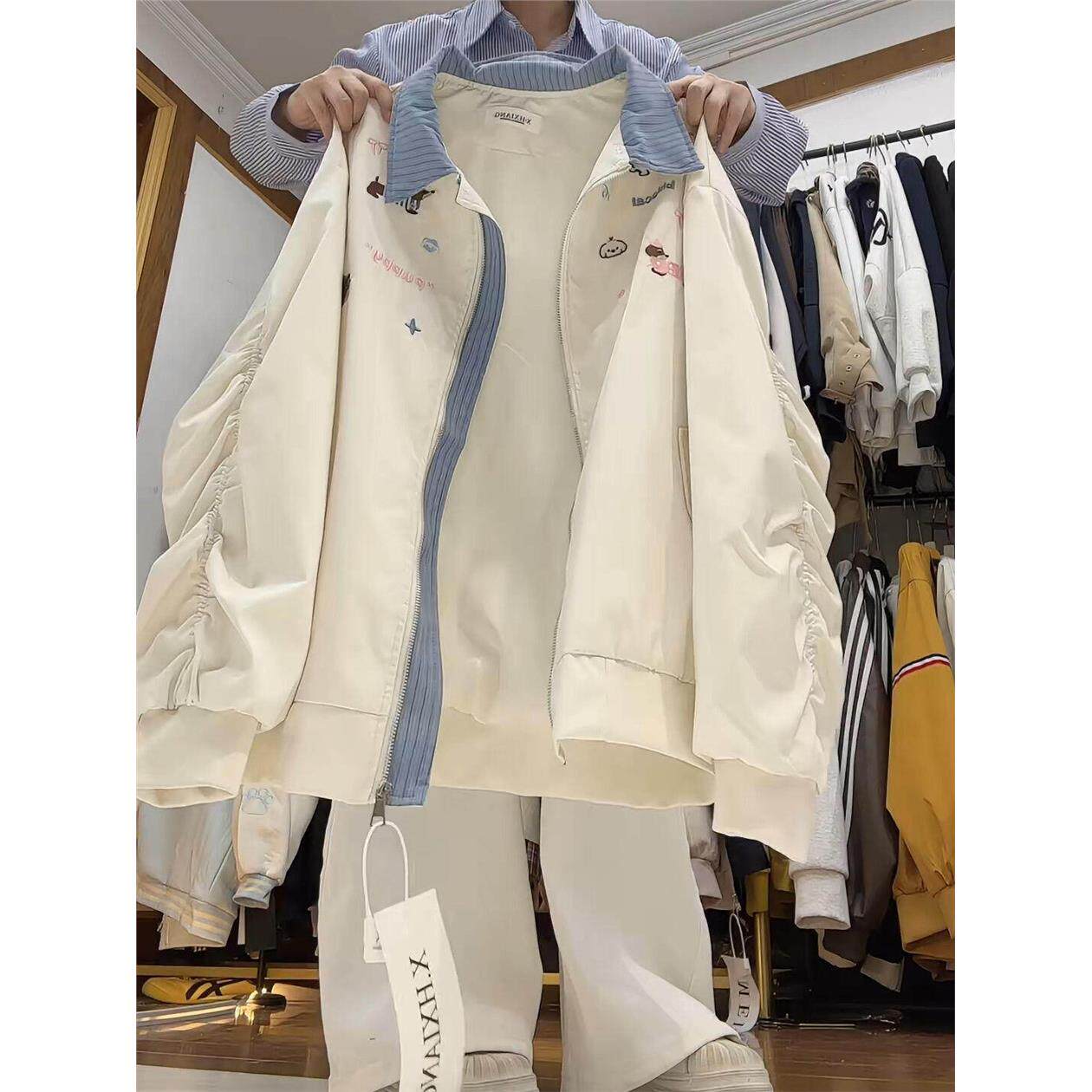 美式覆古可爱狗狗刺绣假两件开衫外套女春秋季宽松休闲棒球服夹克