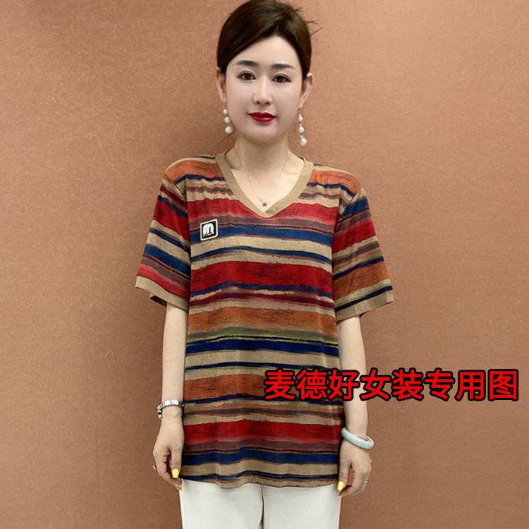 春夏新款中年女装时尚减龄气质百搭圆领印花遮肚子短袖彩条纹上衣