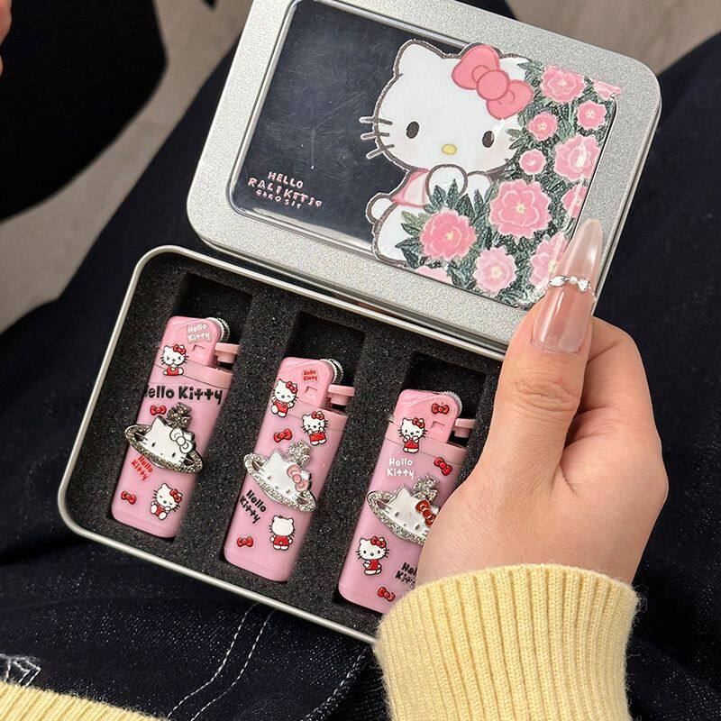 新款hellokitty凯蒂猫砂轮打火机原创手工diy一次性明火耐用礼物