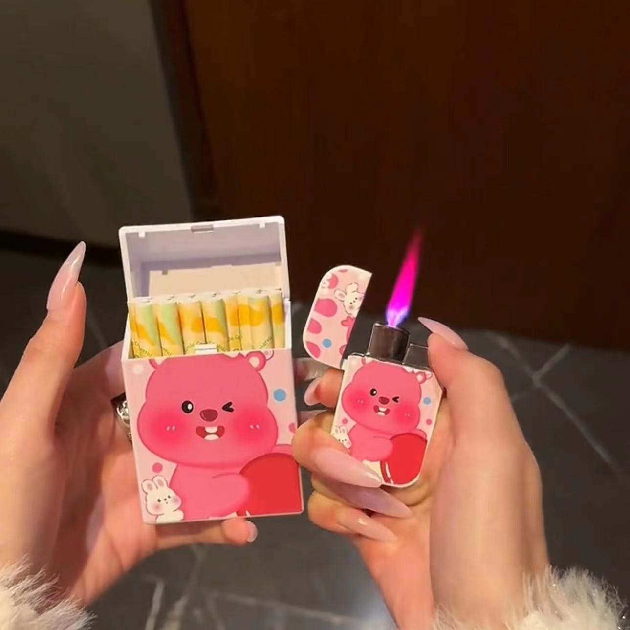 小海狸loppy打火机烟盒创意防风充气粉色火焰高颜值可装20粗细支