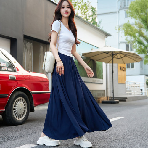 半身长裙女2025夏薄款到脚踝百褶大码遮胯A字中长裙大摆拖地裙子
