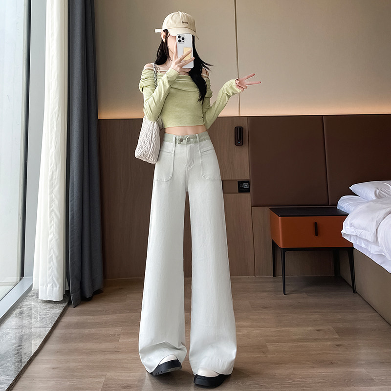 2025年新款女装高腰烫钻钉珠蕾丝花边装饰阔腿牛仔长裤直筒显瘦