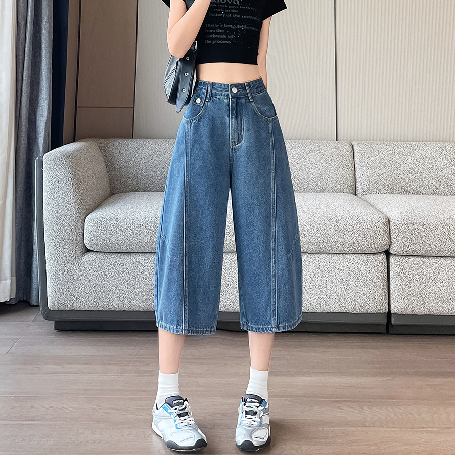 高腰显瘦七分牛仔裤女夏季小个子阔腿直筒裤宽松中裤七分裤休闲