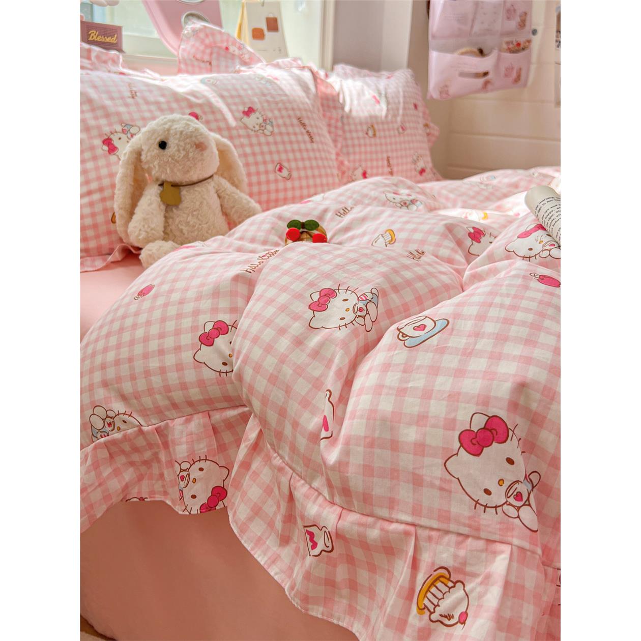 卡通HelloKitty全棉四件套纯棉床单花边款被套KT猫学生宿舍三件套